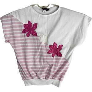 Great Directions Top L Pink White Floral Short Sleeve Made USA Cottage Prairie